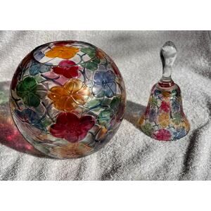 Vintage Bohemian Czech Cut Crystal Vase and Bell Multi Color Floral Handcrafted